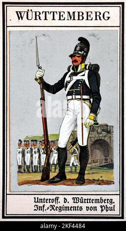 Deutsche Uniformen des 19.. Jahrhunderts, Linien - Infanterie: Württemberg, nicht-Beauftragter des württembergischen Infanterieregiments von Phul, Historische, digital restaurierte Reproduktion eines öffentlich-rechtlichen Sammlerbildes aus dem frühen 20.. Jahrhundert / Deutsche Uniformen des 19. Jahrhundert, Linien - Infanterie: Württemberg, Unteroffizier des Württembergischen Infanterie-Regiments von Phul, Historisch, digital restaurierte Reproduktion eines gemeinsamen Sammelbildes aus dem frühen 20. Jahrhundert Stockfoto
