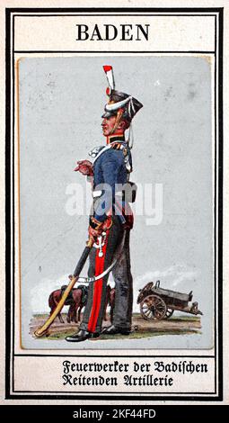 Deutsche Uniformen des 19.. Jahrhunderts, Artillerie: Baden, Feuerwehrmänner der badischen Reitartillerie, Historische, digital restaurierte Reproduktion eines öffentlich-rechtlichen Sammlerbildes aus dem frühen 20.. Jahrhundert / Deutsche Uniformen des 19. Jahrhundert, Artillerie: Baden, Feuerwerker der badischen reitenden Artillerie, Historisch, digital restaurierte Reproduktion eines gemeinsamen Sammelbildes aus dem frühen 20. Jahrhundert Stockfoto