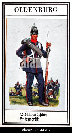 Deutsche Uniformen des 19.. Jahrhunderts, Linien - Infanterie: Oldenburg, oldenburger Infanterist, historische, digital restaurierte Reproduktion eines gemeinschaftseigenen Sammlerbildes aus dem frühen 20.. Jahrhundert / Deutsche Uniformen des 19. Jahrhundert, Linien - Infanterie: Oldenburg, oldenburgischer Infanterist, Historisch, digital restaurierte Produktion eines gemeinsamen Sammelbildes aus dem frühen 20. Jahrhundert Stockfoto