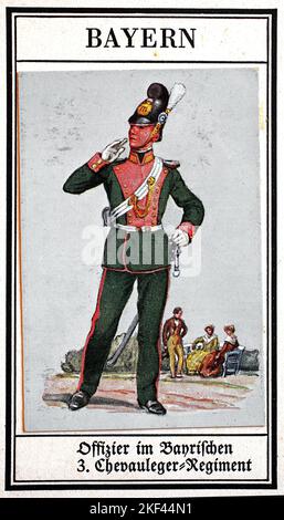 Deutsche Uniformen des 19.. Jahrhunderts, Linien - Kavallerie: Bayern, Offizier im bayrischen 3. Chevauleger-Regiment, Historische, digital restaurierte Reproduktion eines öffentlichen Sammlerbildes aus dem frühen 20.. Jahrhundert / Deutsche Uniformen des 19. Jahrhundert, Linien - Kavallerie: Bayern, Offizier im Bayrischen 3. Chevauleger (leichte Kavallerie)-Regiment, Historisch, digital restaurierte Reproduktion eines gemeinsamen Sammelbildes aus dem frühen 20. Jahrhundert Stockfoto