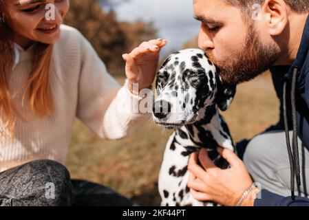 Glückliches Paar, das mit einem Hund im Park spielt. Stockfoto