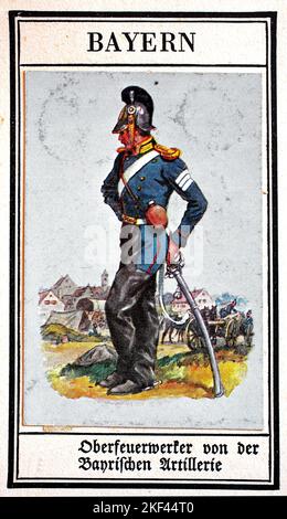 Deutsche Uniformen des 19.. Jahrhunderts, Artillerie: Bayern, Oberfeuerwerker der Bayerischen Artillerie, Historische, digital restaurierte Reproduktion eines öffentlichen Sammlerbildes aus dem frühen 20.. Jahrhundert / Deutsche Uniformen des 19. Jahrhundert, Artillerie: Bayern, Oberfeuerwerker von der bayerischen Artillerie, Historisch, digital restaurierte Produktion eines gemeinsamen Sammelbildes aus dem frühen 20. Jahrhundert Stockfoto