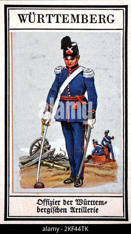 Deutsche Uniformen des 19.. Jahrhunderts, Artillerie: Württemberg, Offizier der württembergischen Artillerie, historische, digital restaurierte Reproduktion eines öffentlich-rechtlichen Sammlerbildes aus dem frühen 20.. Jahrhundert / Deutsche Uniformen des 19. Jahrhundert, Artillerie: Württemberg, Offizier der württembergischen Artillerie, Historisch, digital restaurierte Produktion eines gemeinsamen Sammelbildes aus dem frühen 20. Jahrhundert Stockfoto