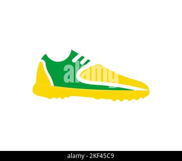 Fußballschuhe. Fußballschuhe gelb-grün oder Fußballschuhe auf weißem Hintergrund Logo-Design. Sportbestand. Wettbewerbs- und Wettbewerbsspiel. Stock Vektor