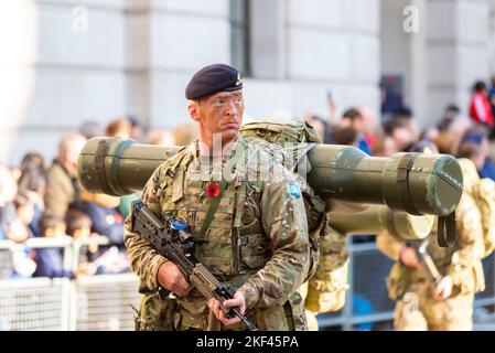 106 (Yeomanry) Regiment Royal Artillery bei der Lord Mayor's Show Parade in der City of London, Großbritannien. Starstreak HVM (High Velocity Missile) Stockfoto