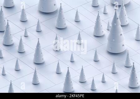 Weihnachtliche weiße Bäume minimales Muster isometrisch. 3D Abbildung Stockfoto