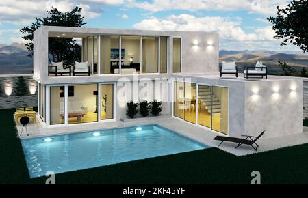 Modernes Haus auf dem Relief. Außen. Abendliche Beleuchtung der Fassade. Haus mit Pool und großer Terrasse. Moderne Architektur. 3D illustrative Stockfoto