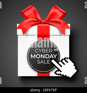 Cyber Monday Online-Shopping Banner Vektor-Design, mit Maus-Cursor Hand auf eine Geschenkbox, mit rotem Satinband und einem schwarzen runden Tag verpackt. Stock Vektor