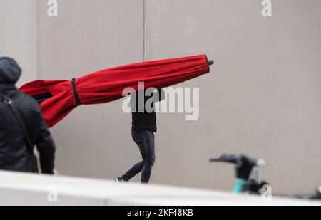 Berlin, Deutschland. 16.. November 2022. Arbeiter des Humboldt-Forums tragen einen demontierten Sonnenschirm zu einem Lastwagen und bringen ihn in seine Winterquartiere. Quelle: Paul Zinken/dpa/Alamy Live News Stockfoto