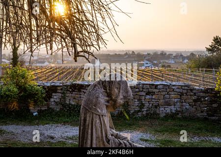 Eine wunderschöne Aufnahme einer Statue mit Kapuze aus Stein im Chateau de Gevrey Chambertin, in Burgund, Frankreich Stockfoto