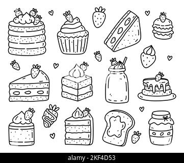 Niedliches Set mit Erdbeerdesserts und Getränken isoliert auf weißem Hintergrund. Vektor-handgezeichnete Illustration im Doodle-Stil. Perfekt für Karten, Menü, Logo, Dekorationen, Aufkleber, Verschiedene Designs. Stock Vektor
