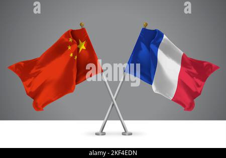 Zwei Wavy gekreuzt Flaggen von China und Frankreich, Zeichen der chinesischen und französischen Beziehungen Stockfoto