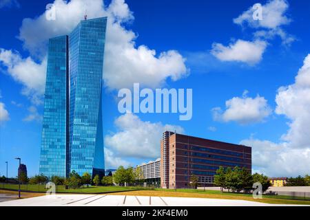 Frankfurt am Main, Hessen, Deutschland, Neue EZB, Main, Europäische Zentralbank, Turm, Gebäude, moderne Architektur, Erinnerungsstätten, Frankfurter G Stockfoto