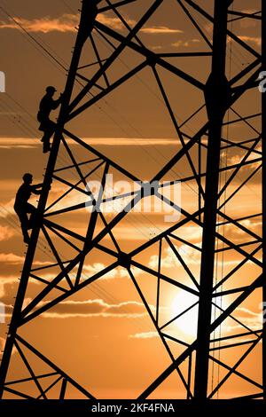 Elektriker reparieren Stromleitung am Strom, Sonnenuntergang, Wirtschaftsaufarbeitung, Konjungstur, Aufwärts, Stockfoto