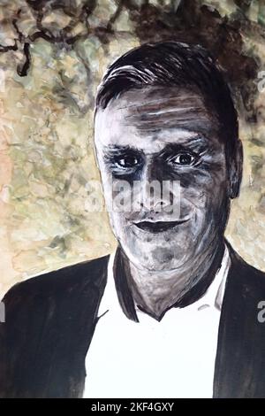Tägliche Zusammenfassung. Abstraktes Aquarell-Porträt von Sir Keir Starmer, der in Westminster unter den Londoner Platanen spazierengeht. Originalkunstwerk. Russell Moore Portfolio-Seite. Stockfoto