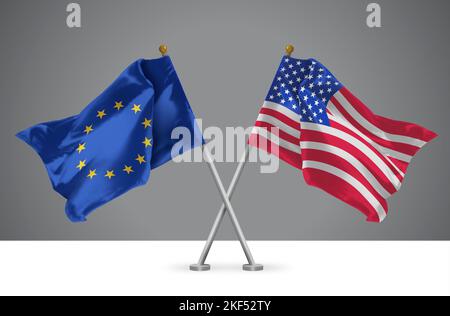 Zwei wellenartig gekreuzte Flaggen der Vereinigten Staaten von Amerika und der Europäischen Union, Zeichen der amerikanischen und europäischen Beziehungen Stockfoto