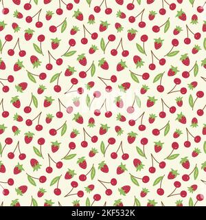 Nahtloses Muster mit reifen roten Kirschen und Erdbeeren auf beigem Hintergrund. Bunte Vektor Doodle Illustration von Hand gezeichnet. Gesunde und schmackhafte Meere Stock Vektor