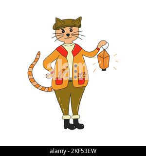 Waldkatze mit gestreiftem Schwanz hält Laterne in der Pfote. Vektor bunt isoliert Illustration Hand gezeichnete Doodle. Niedliches Tier in Hut und Gummistiefel mit einem Stock Vektor