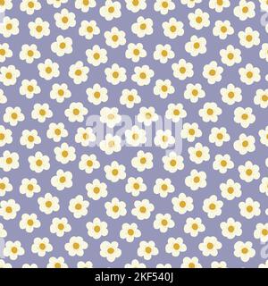 Nahtloses Muster mit kleinen niedlichen Kamillen, Gänseblümchen auf lila Hintergrund. Bunte Vektor-Doodle-Illustration. Feld schöne Blume, Frühling und s Stock Vektor