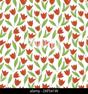 Nahtloses Muster mit roten scharlachroten Tulpen auf weißem Hintergrund. Bunte Vektordarstellung Doodle. Frühlingsblumen von Hand gezeichnet, Karte oder Druck. Romantisch Stock Vektor