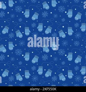 Nahtloses Muster mit warmen Winterhandschuhe und Schneeflocken auf blauem Hintergrund. Weihnachtsdruck. Farbenfrohe Vektorgrafik von Hand gezeichnet. Verpackung oder Stock Vektor