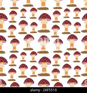 Nahtloses Muster mit Fliege-Agaric-Pilz mit niedlichem Hut. Vektor bunte Illustration von Hand gezeichnete Doodle. Einfache Karte oder drucken Amanita. Herbstsaison Stock Vektor