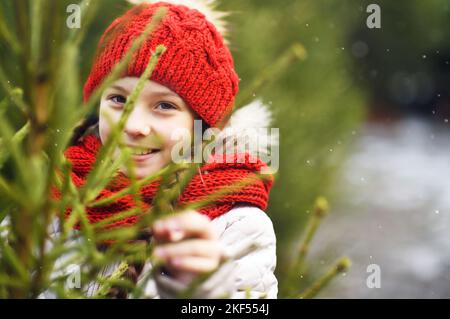 Kleines Mädchen mit Zöpfen in einem roten Strickhut und Schal lächelt auf dem Hintergrund des Weihnachtsbaummarktes und wählt einen Weihnachtsbaum Stockfoto