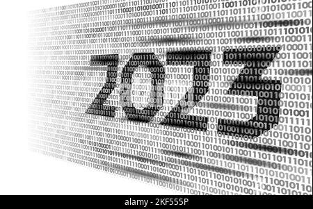 2023 Neujahr 3D auf binären Code-Programm. Abbildung der Codierungsbildnummer. Feier Dekoration Stahl Silber Chrom Poster Grußkarte Vektor Stock Vektor