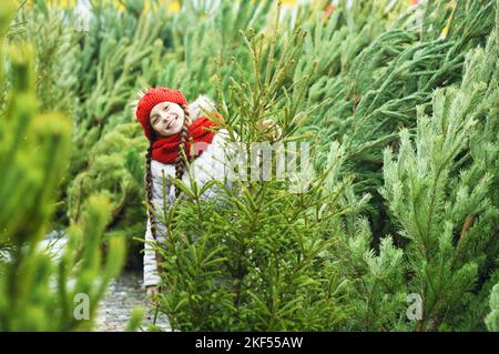 Kleines Mädchen mit Zöpfen in einem roten Strickhut und Schal lächelt auf dem Hintergrund des Weihnachtsbaummarktes und wählt einen Weihnachtsbaum Stockfoto