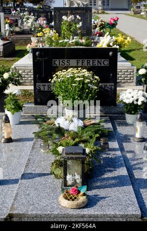 Gräber sind mit frischen Blumen Kerzen Laternen auf lokalen ländlichen Friedhof für traditionelle alle Heiligen Tag zala Grafschaft ungarn geschmückt Stockfoto