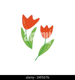 Zwei rote, scharlachrote Tulpen. Bunte Vektor isolierte Illustration im Doodle-Stil. Handgezeichnete Frühlingsblumen, Weihnachtskarte oder Druck. Romantisches Design Stock Vektor
