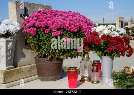 Gräber sind mit frischen Blumen Kerzen Laternen auf lokalen ländlichen Friedhof für traditionelle alle Heiligen Tag zala Grafschaft ungarn geschmückt Stockfoto