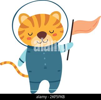 Baby Tier Astronaut mit Flagge. Cartoon-Weltraumtiger Stock Vektor