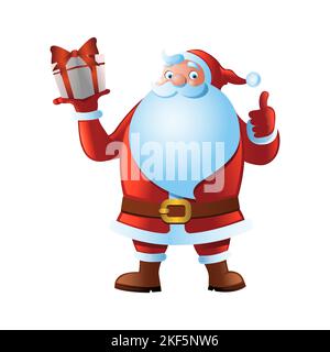 Clipart der Cartoon-Version von santa heben Geschenk und Daumen nach oben in der weihnachtszeit, Vektor-Illustration Stock Vektor