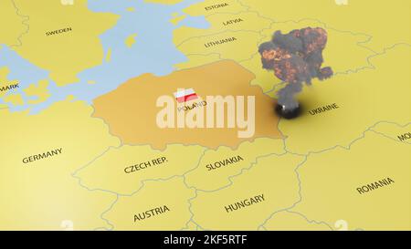 Explosion an der polnischen Grenze, Invasion Polens, Krieg, Europakarte, polnische Flagge, Bombenexplosionspilz, Kernexplosion. Gefahr eines Atomkrieges Stockfoto