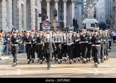 Royal Navy, HMS-Präsident, marschierende Gruppe bei der Lord Mayor's Show Parade in der City of London, Großbritannien Stockfoto