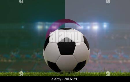Fußball-Fußball auf einem Rasen vor Stadionbeleuchtung und algerienflagge. 3D Rendering Stockfoto