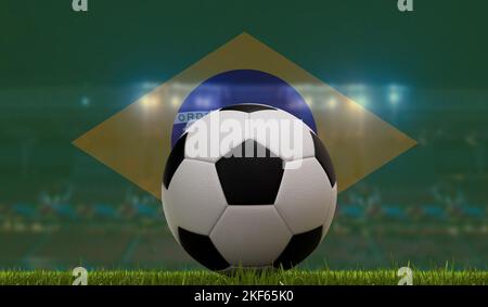 Fußball-Fußball auf einem Rasenplatz vor den Lichtern des Stadions und der brasilianischen Flagge. 3D Rendering Stockfoto