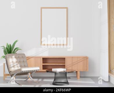 Ein 3D Rendering eines Wohnzimmers mit einer weißen Wand, einem Lederstuhl und einem imitierten Rahmen. Stockfoto