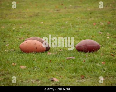 Eine Nahaufnahme der drei auf dem grünen Feld liegenden Leder-Rugby-Kugeln Stockfoto