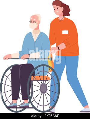 Ehrenamtlicher Mitarbeiter, der Senior in den Rollstuhl schiebt. Frau hilft behinderten Menschen isoliert auf weißem Hintergrund Stock Vektor