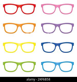Brillen, farbenfrohe trendige Brillen zum Anziehen - farbige moderne Brillen mit roten, orangen, gelben, grünen, rosa, Lila und blauer Rahmen. Stockfoto