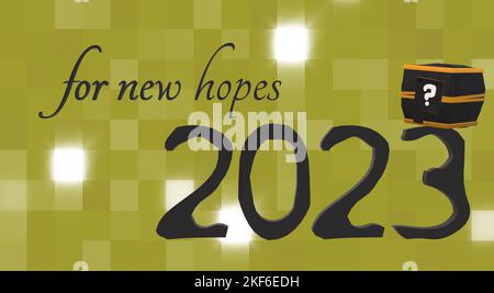Für New Hopes Text auf 2023 Jubiläumsbotschaft auf gelbem quadratischem Hintergrund mit 3D Rendering Illustration für Jubiläumskonzepte Stockfoto