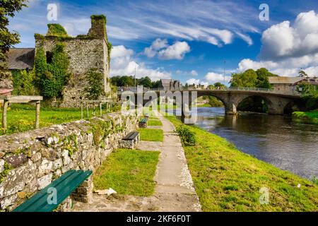 Thomastown liegt am Fluss Nore in der Grafschaft Kilkenny, Irland, auf der linken Seite sind die Überreste von Thomastown Castle. Stockfoto