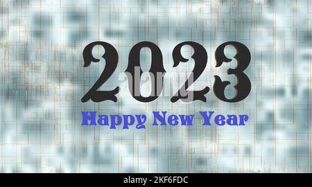 wolkig weiches Thema für 2023 Feier Text mit glücklichen Neujahr Nachricht auf kreativen abstrakten Hintergrund mit 3D Rendering Illustration für Jubiläum Stockfoto