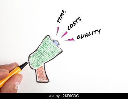 Umfang. Zeitkosten und Qualität. Hand mit Stift auf weißem Hintergrund. Stockfoto