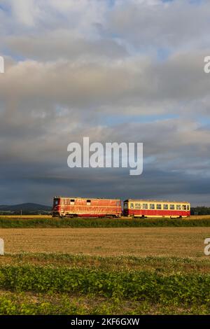 Schmalspurbahn Tremesna ve Slezsku nach Osoblaha mit 60 Jahre alter Lokomotive bei Slezske Rudlotice Stockfoto