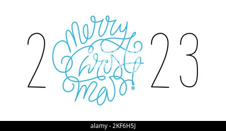 Handgezeichnetes, fröhliches Weihnachtsfest-rundes Lettering-Element mit Jahreszahlen 2023, Weihnachtskarten-Stil. Vektordarstellung auf weißem Hintergrund isoliert Stock Vektor