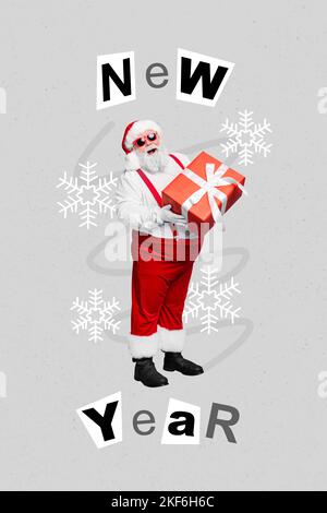 Vertikale Collage Bild von positiven funky santa claus Hände halten geschenkbox Neujahr festliche Veranstaltung gemalt Poster Stockfoto