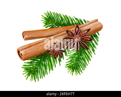 Zimtstangen und Sternanisgesteine mit Tannenzweigen isoliert auf weißem Hintergrund Stockfoto